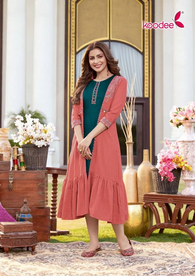 Sarah By Koodee Chinon Embroidery Shrug Designer Kurtis Wholesale Price In Surat